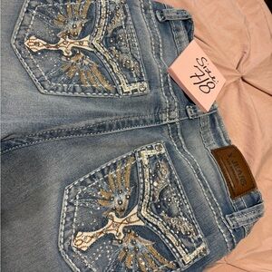 Stylish Blue Boot Cut Jeans with Embellished Pockets